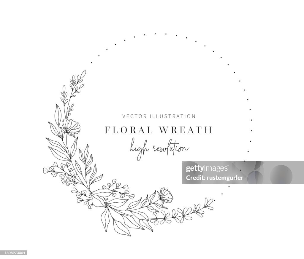 Coroa floral desenhada à mão, coroa floral com folhas para o casamento.