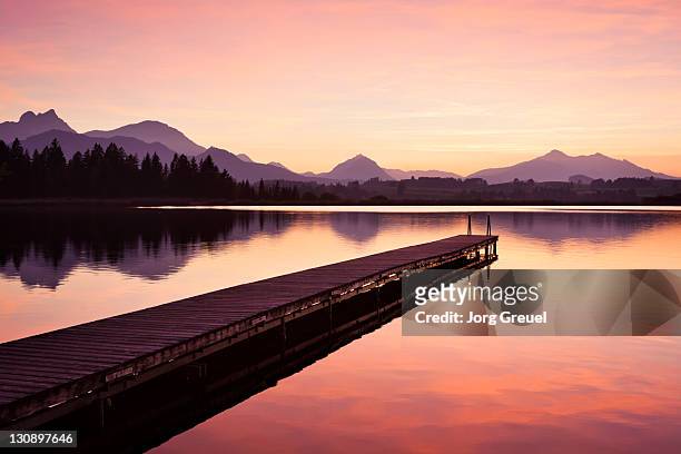 a wooden jetty on lake hopfensee after sunset - フュッセン ストックフォトと画像