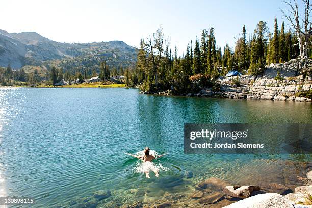 female skinny dipping in a mountian lake. - women skinny dipping stockfoto's en -beelden