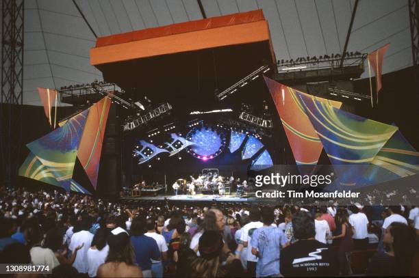 Jerry Garcia and the Grateful Dead perform at Shoreline Amphitheatre on August 26, 1993 in Mountain View, California.