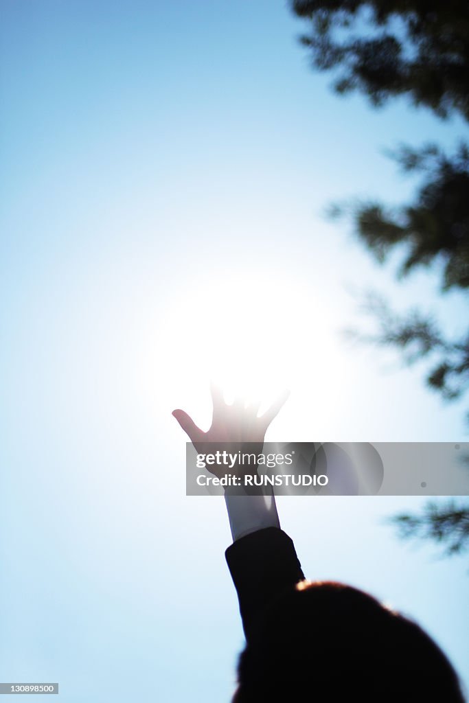 Young businessman arm pointing sun