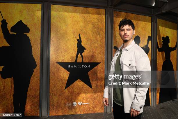 Jason Arrow who plays Alexander Hamilton poses during a media call for Hamilton Australia at Lyric Theatre, Star City on March 25, 2021 in Sydney,...