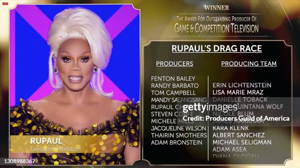 In this screengrab, RuPaul accepts the Outstanding Producer of Game & Competition Television Award during the 32nd Annual Producers Guild Awards on...