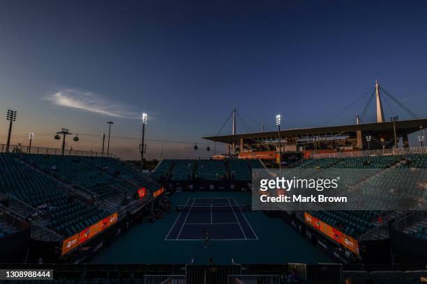 General view of the Grandstand Court during the women's singles first round match between Sloane Stpehens of the United States and Oceane Dodin of...