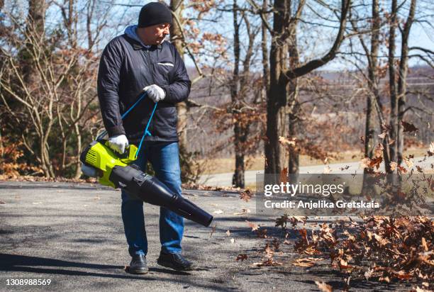 leaf blower clearing driveway. - leaf blower stock pictures, royalty-free photos & images