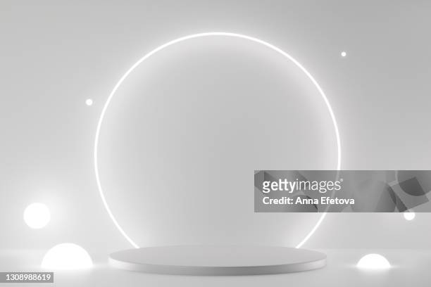 silver podium with neon lightening and illuminating white spheres. stage for demonstrating your product. - abstract black and white stock pictures, royalty-free photos & images