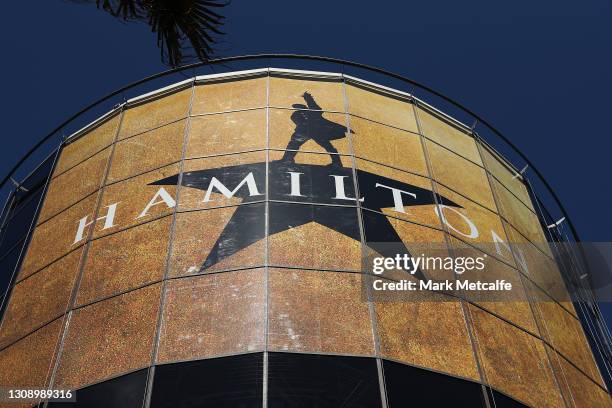 Large Hamilton advert is seen at the Star during a media call for Hamilton Australia at Lyric Theatre, Star City on March 25, 2021 in Sydney,...