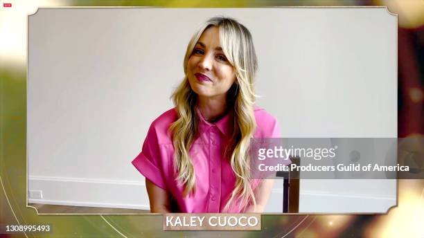 In this screengrab, Kaley Cuoco speaks during the 32nd Annual Producers Guild Awards on March 24, 2021.