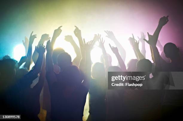 crowd of people at concert waving arms in the air - dry ice black stock pictures, royalty-free photos & images