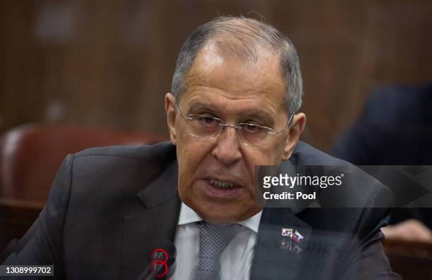 Russian Foreign Minister Sergei Lavrov attends a meeting with South Korean Foreign Minister Chung Eui-yong at the Foreign Ministry on March 25, 2021...