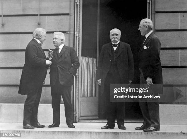 View of 'the Council of Four' outside the Hotel Crillon, from left, British Prime Minister David Lloyd George , Italian Prime Minister Vittorio...
