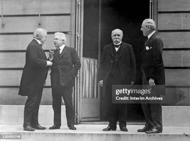 View of 'the Council of Four' outside the Hotel Crillon, from left, British Prime Minister David Lloyd George , Italian Prime Minister Vittorio...