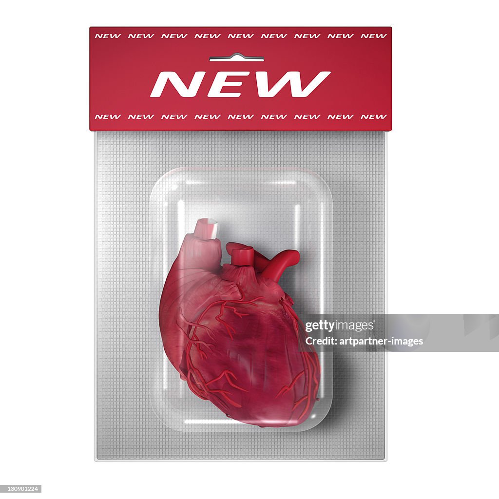 New (Human) Heart in a blister pack on white