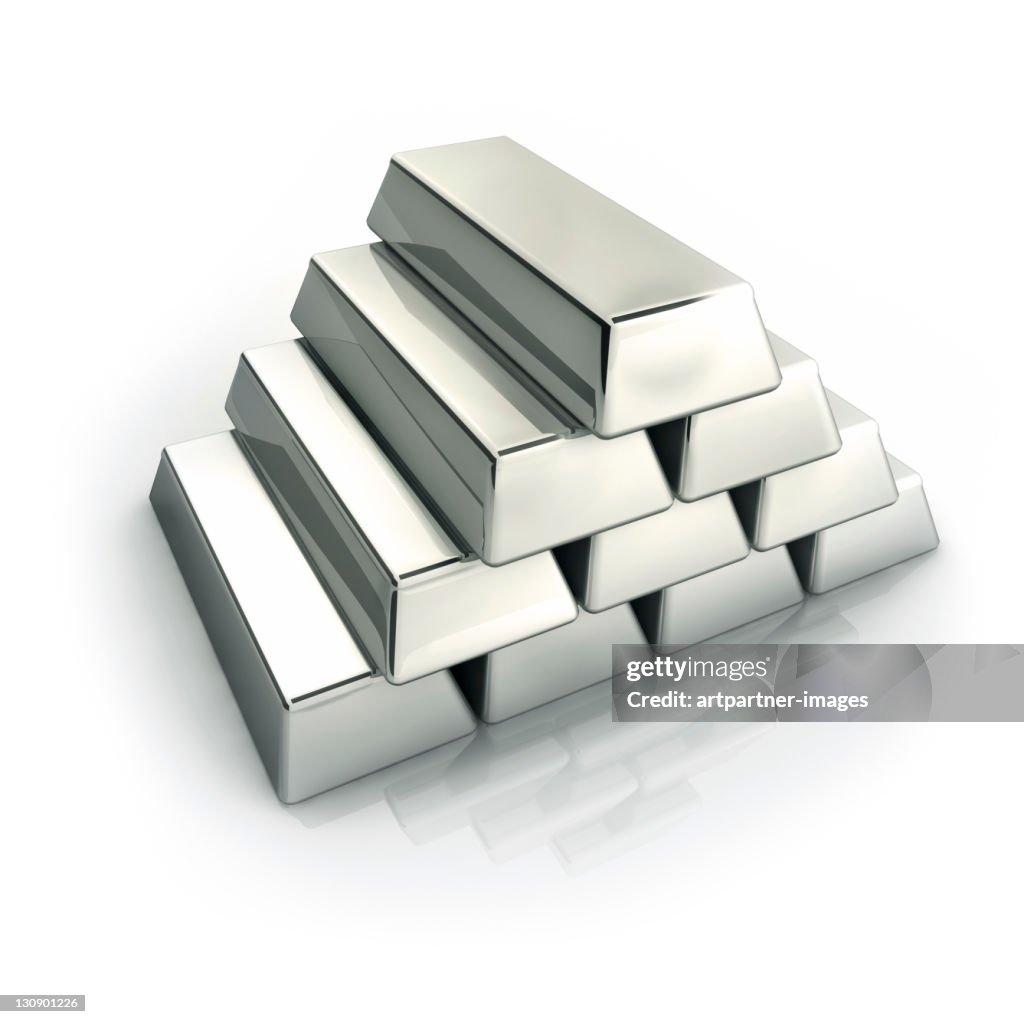 A Stack of Silver ingots on white