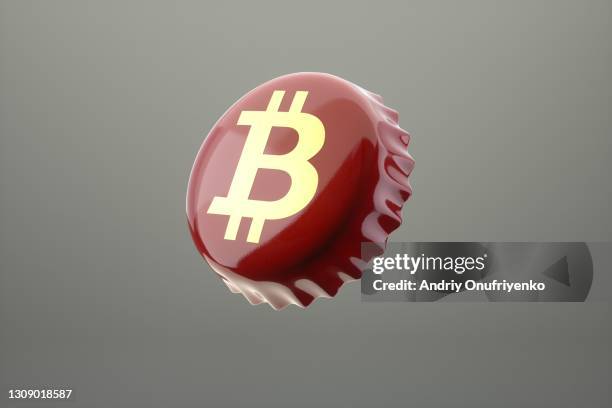golden bitcoin sign on bottle cap - flaschenverschluss stock-fotos und bilder