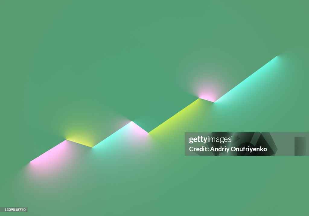 Abstract linear moving up diagram made out of glowing neon lights.