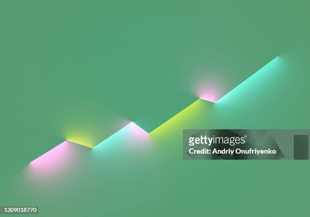 abstract linear moving up diagram made out of glowing neon lights. - gráfico de linhas imagens e fotografias de stock
