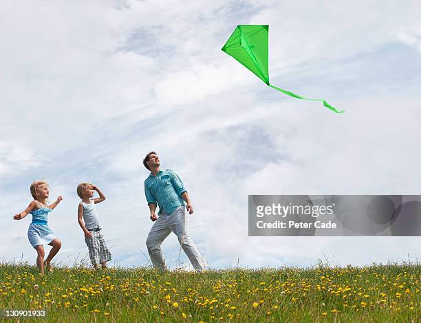 father and children looking up at green kite - kite flying photos et images de collection