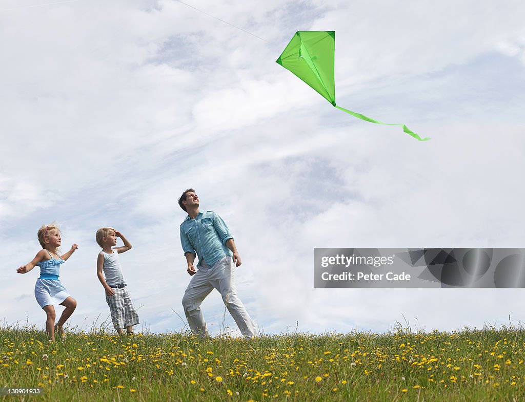 Father and children looking up at green kite