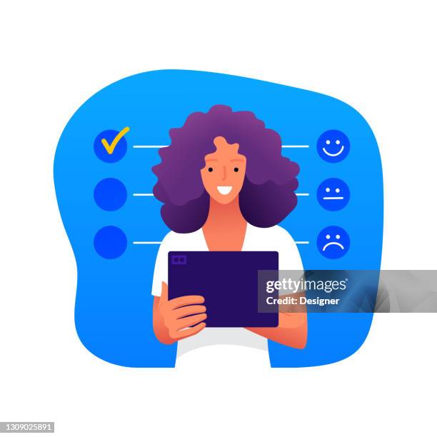 umfrage und testimonials concept vector illustration für website banner, werbe- und marketingmaterial, online-werbung, business presentation etc. - service excellence cartoon stock-grafiken, -clipart, -cartoons und -symbole