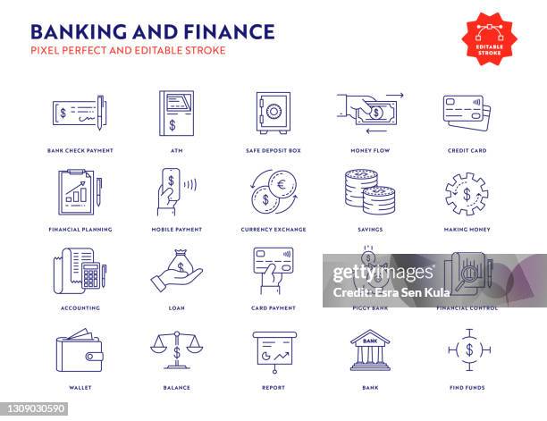 banking und finanzen icon set mit editierbaren strich und pixel perfekt. - coin bank stock-grafiken, -clipart, -cartoons und -symbole