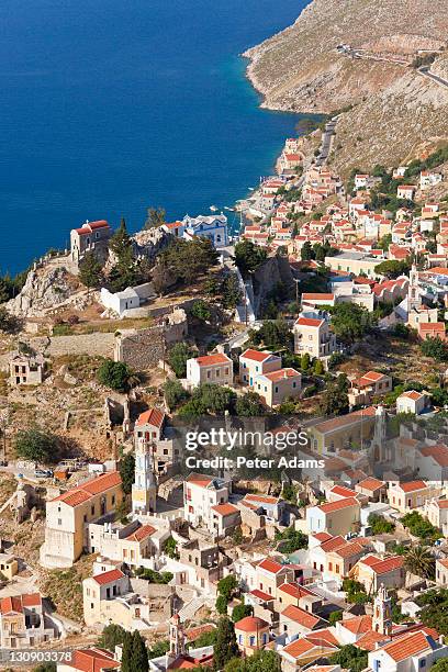 symi town, symi island, dodecanese islands, greece - dodecanese islands - fotografias e filmes do acervo