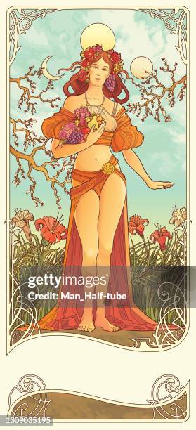stockillustraties, clipart, cartoons en iconen met art nouveau poster ontwerp - godin