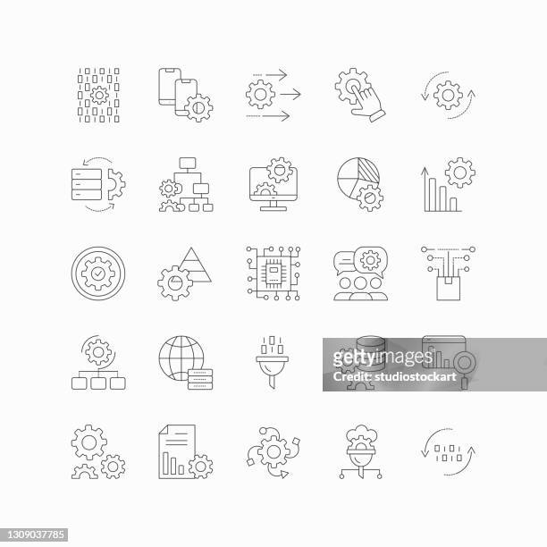 data processing line icon set - aggregation stage stock illustrations