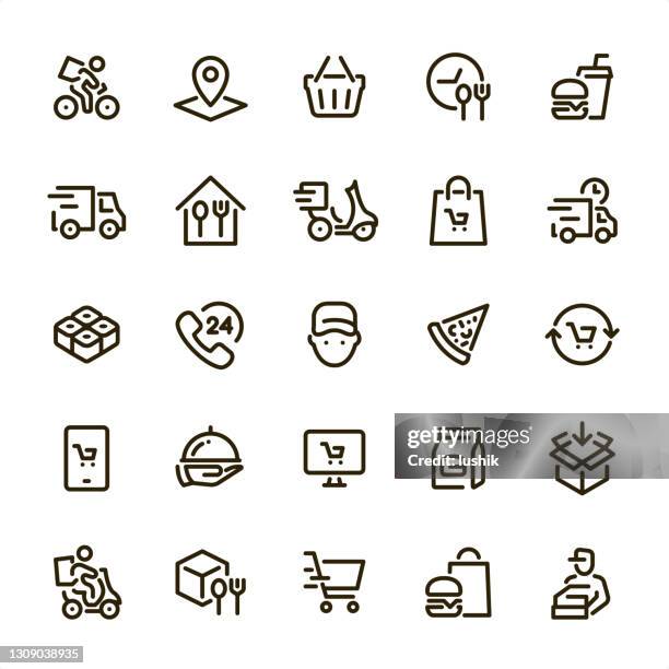 food delivery - pixel perfect line icons - lunch icon stock illustrations