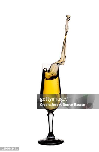 splashing from a falling glass of champagne on a white background. - broken champagne flute stock pictures, royalty-free photos & images