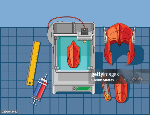 fdm 3d printer printing out full size helmet and armor for cosplayer before a comic convention. printing for hobbyist. zero waste process and renewable materials. - cosplay stock illustrations