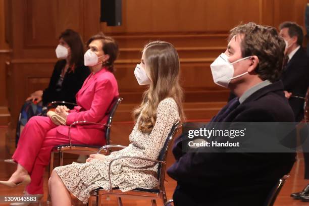 This handout image provided by the Spanish Royal Household shows Princess Leonor next to Spanish first Deputy Prime Minister Carmen Calvo , and the...