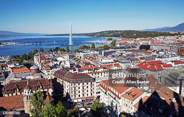 downtown geneva and jet d"eau - geneva switzerland stock pictures, royalty-free photos & images