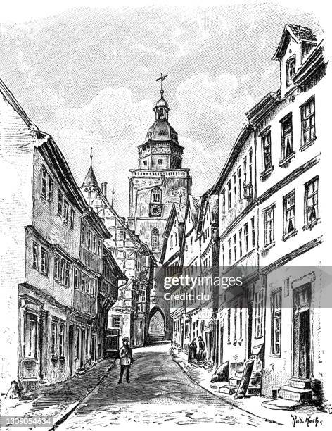alsfeld, germany, obere fuldaerstraße, townhall and church - cobblestone stock illustrations