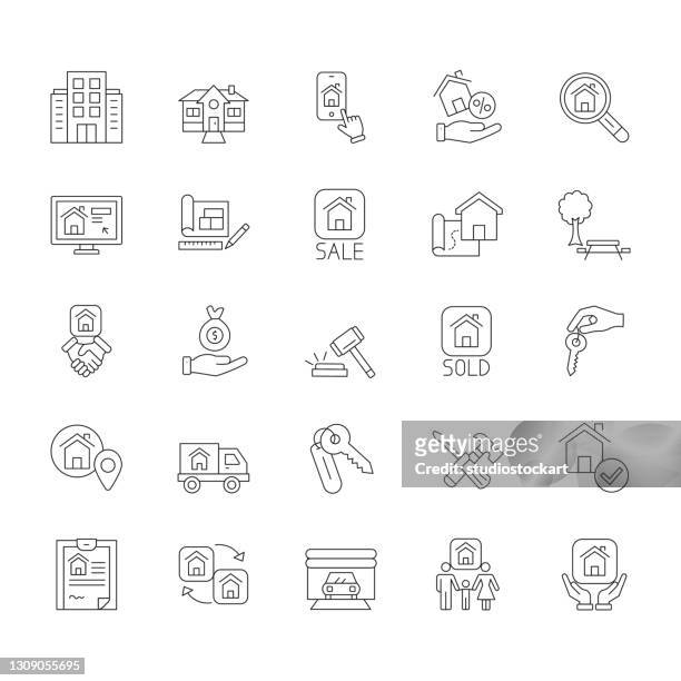 real estate editable stroke line icons - looking over balcony stock illustrations