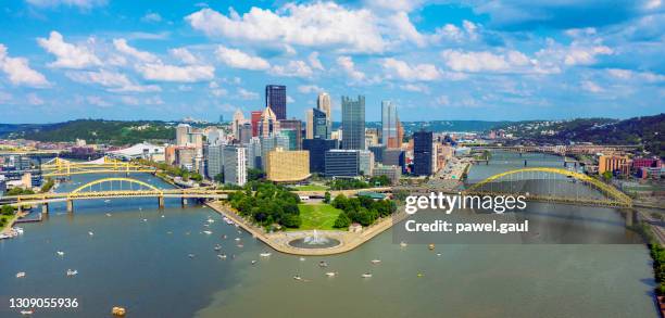 pittsburgh skyline downtown aerial view pa usa - pittsburgh city stock pictures, royalty-free photos & images