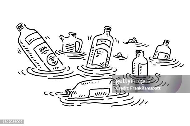 plastic bottles water pollution drawing - plastic ocean stock illustrations