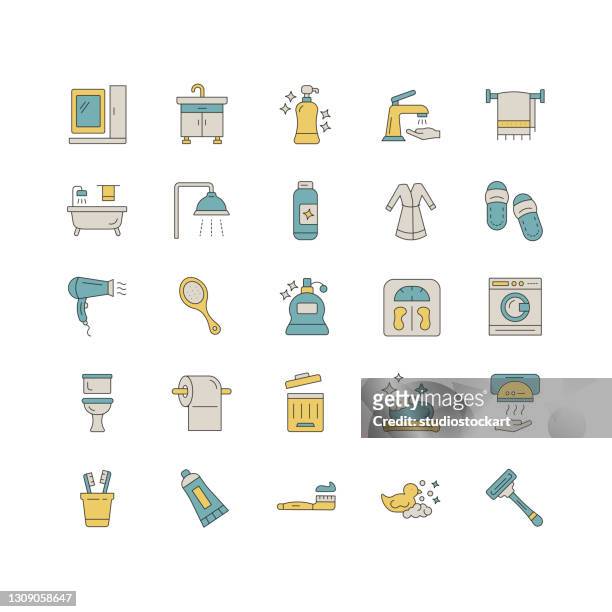 badezimmer-linie-symbol gesetzt. bearbeitbarer strich - mirror object stock-grafiken, -clipart, -cartoons und -symbole