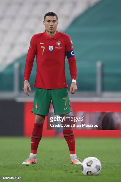 Cristiano Ronaldo of Portugal composes himself before taking a free kick during the FIFA World Cup 2022 Qatar qualifying match between Portugal and...