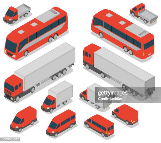 illustrazioni stock, clip art, cartoni animati e icone di tendenza di set di veicoli commerciali isometrici - bus isometric