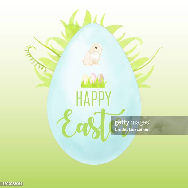 watercolor happy easter greeting card with handwritten lettering happy easter on blue colored egg. spring easter background. watercolor easter egg with bright colors. easter card design elements. - easter nest stock illustrations