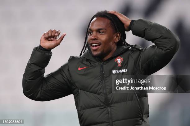 Renato Sanches of Portugal reacts as he warms up during the half time interval of the FIFA World Cup 2022 Qatar qualifying match between Portugal and...