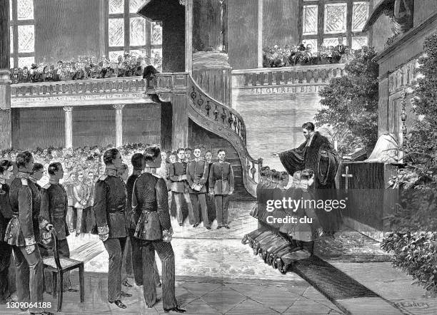 confirmation in the church of groß-lichterfelde - protestantism stock illustrations