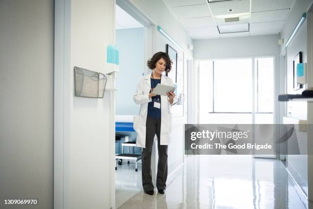 female doctor using digital tablet in hospital corridor - krankenhaus eingang stock-fotos und bilder