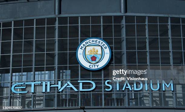 General view of the outside of the Etihad Stadium, home of Manchester City FC on March 24, 2021 in Manchester, United Kingdom.