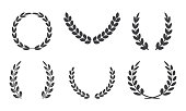 Olive crown, laurel vector wreath, leaves braches, black victory award, sport winner icons. Heraldry illustration