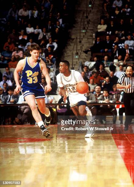 Georgia Tech's Kenny Anderson heads upcourt against the Pittsburgh defense during the ACC Big East Challenge, Hartford, Connecticut, 1989.
