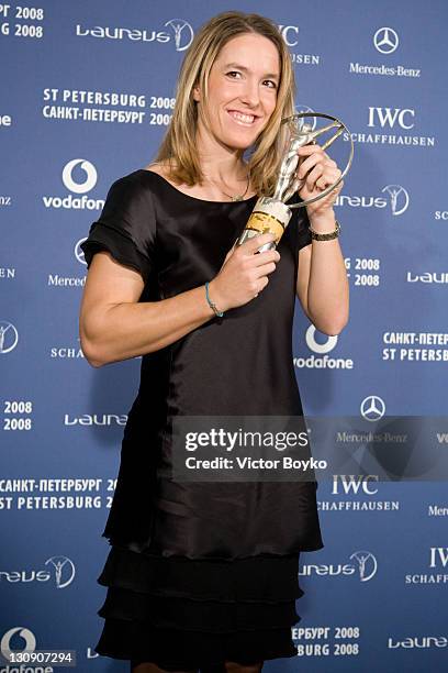 Justine Henin with the trophy after winning the Laureus World Sportwoman of the Year at the Laureus World Sports Awards at the Mariinsky Concert Hall...