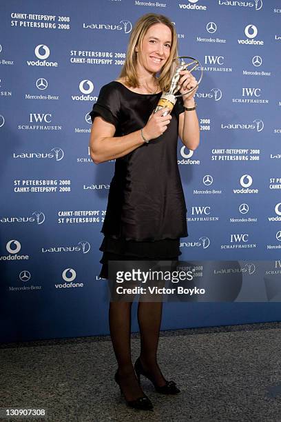 Justine Henin with the trophy after winning the Laureus World Sportwoman of the Year at the Laureus World Sports Awards at the Mariinsky Concert Hall...