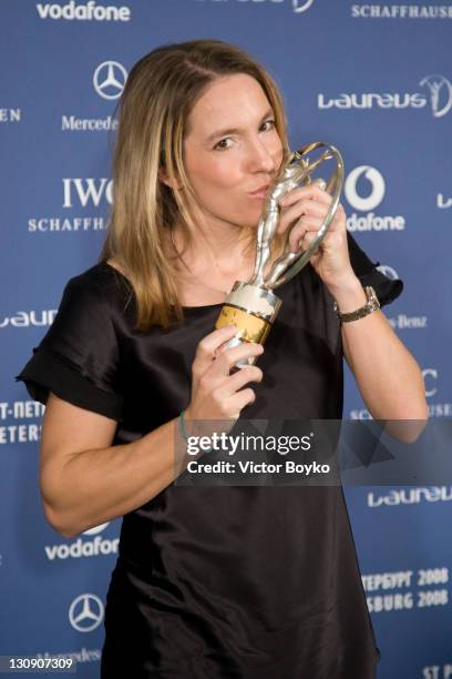 Justine Henin with the trophy after winning the Laureus World Sportwoman of the Year at the Laureus World Sports Awards at the Mariinsky Concert Hall...